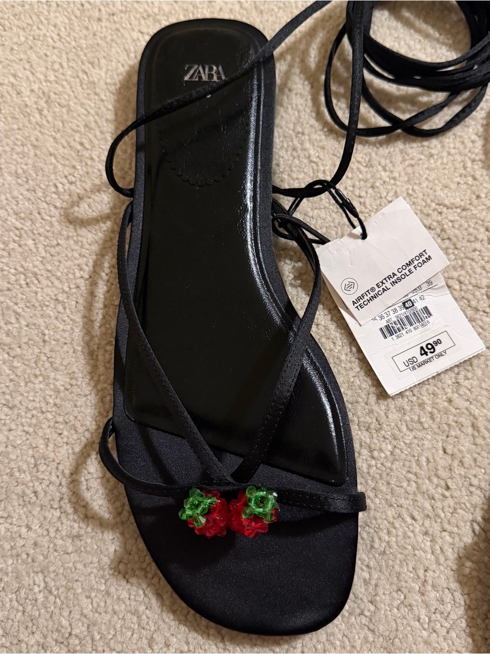 NWT ZARA Strappy Black Sandals with Strawberries